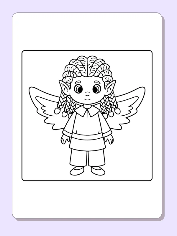 Winged Elf with Long Braids black and white elf coloring page