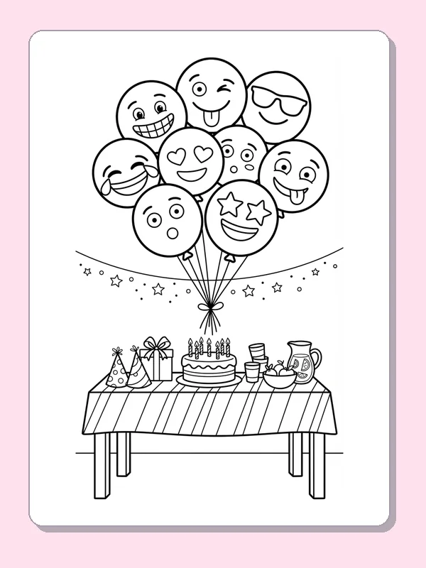 A bundle of emoji balloons floating above a birthday cake and party snacks.