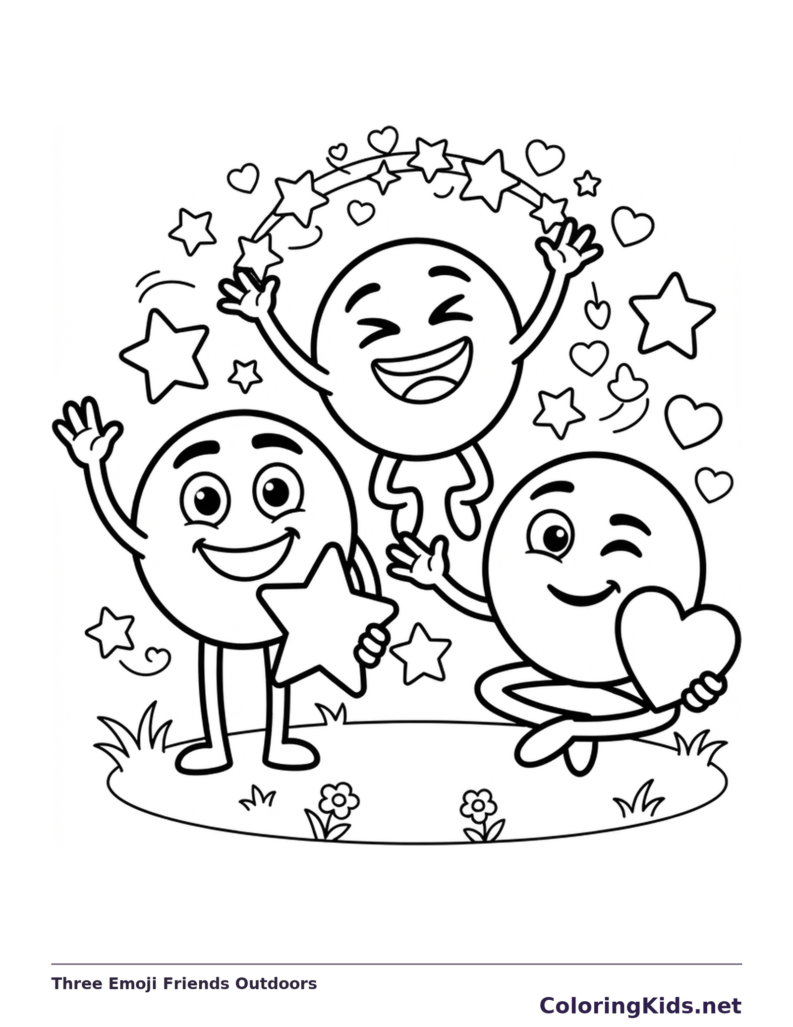 Three smiling emoji characters playing among stars and small hearts.