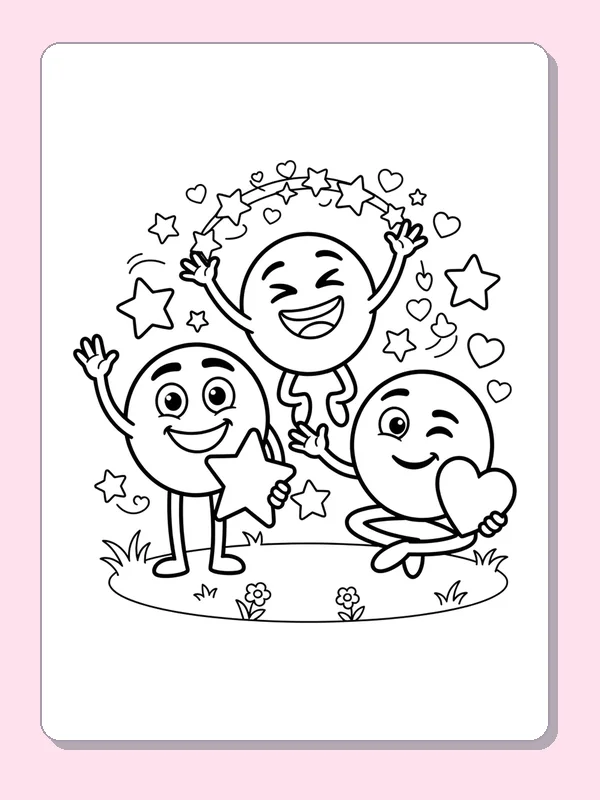 Three smiling emoji characters playing among stars and small hearts.