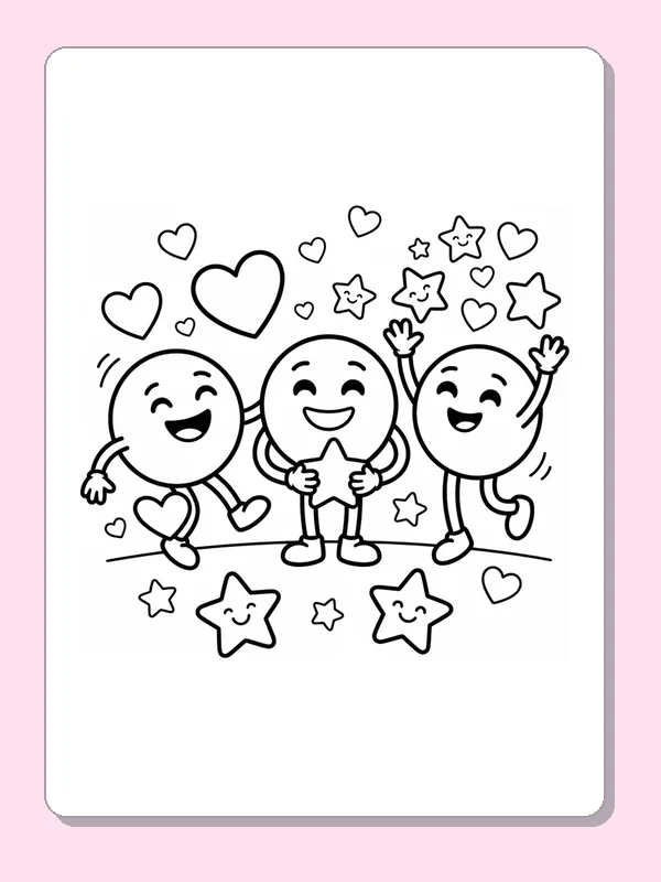 Three smiling emoji characters playing under hearts and stars.