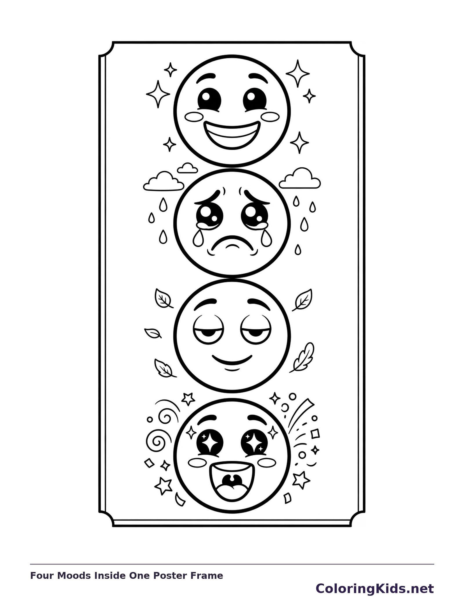 Four stacked emoji faces showing joy, sadness, calm and excitement within a poster border.