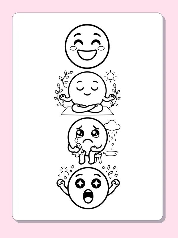 Four vertically stacked emoji faces linked with sun, rain, clouds and stars.