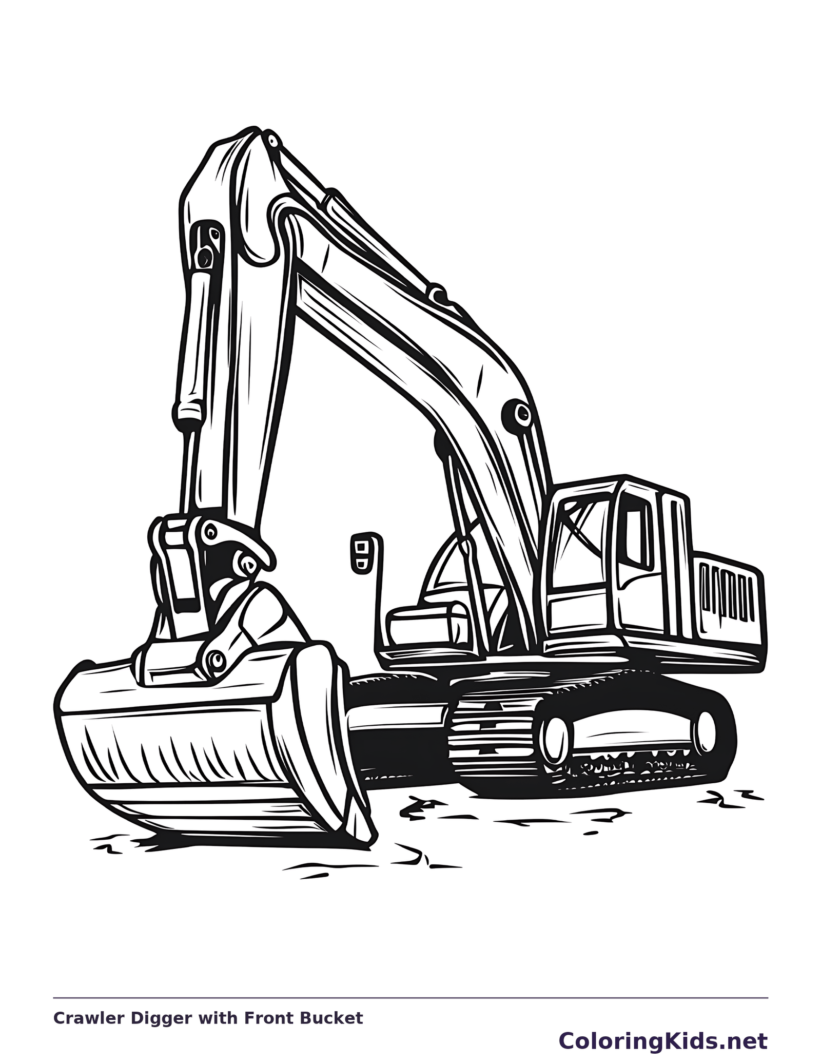 Black and white crawler digger with front bucket coloring page showing a tracked excavator and construction details