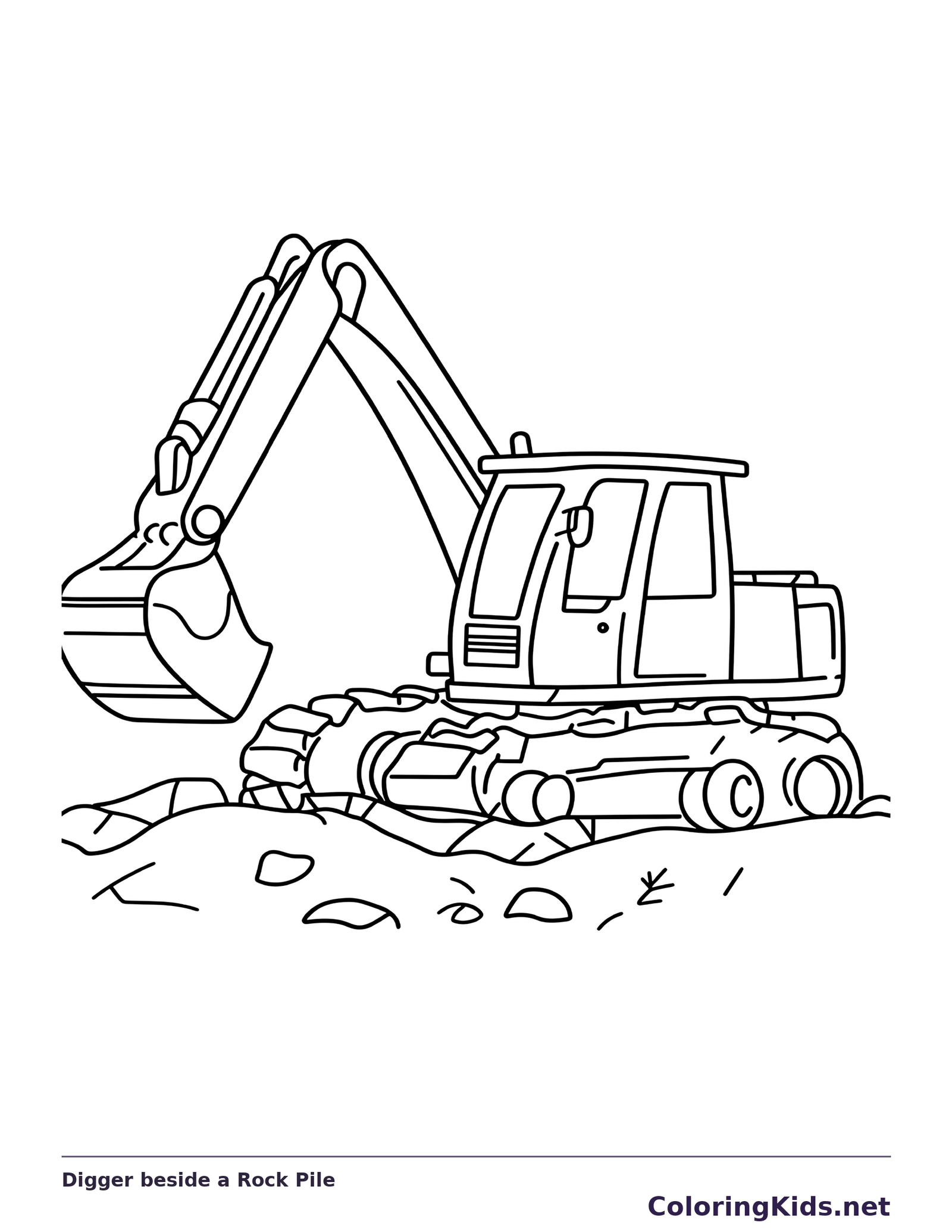 Black and white digger beside a rock pile coloring page showing a tracked excavator and construction details