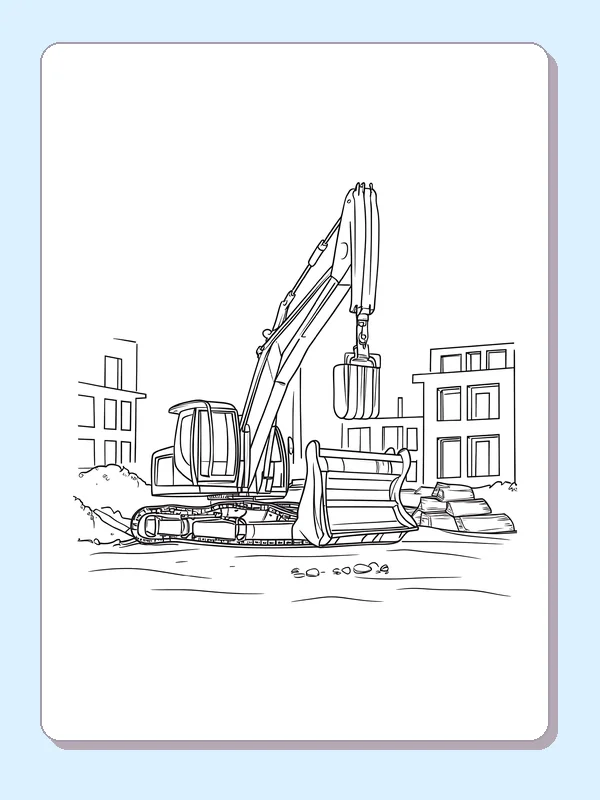 Black and white digger between city buildings coloring page showing a tracked excavator and construction details