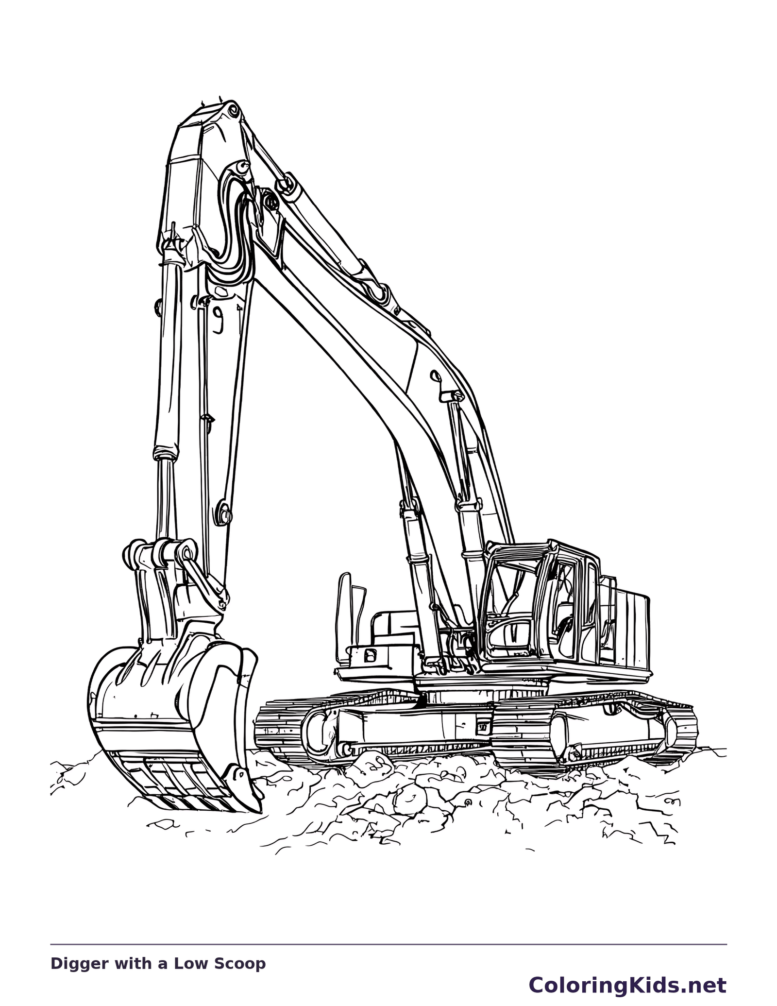 Black and white digger with a low scoop coloring page showing a tracked excavator and construction details
