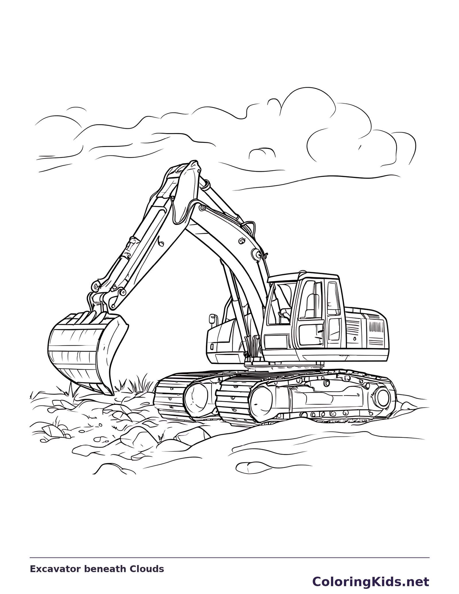 Black and white excavator beneath clouds coloring page showing a tracked excavator and construction details