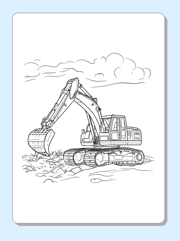Black and white excavator beneath clouds coloring page showing a tracked excavator and construction details