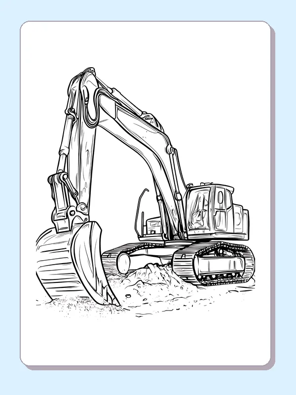Black and white excavator digging a trench coloring page showing a tracked excavator and construction details