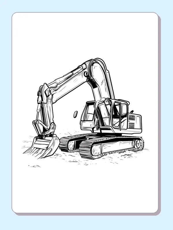 Black and white excavator moving across gravel coloring page showing a tracked excavator and construction details