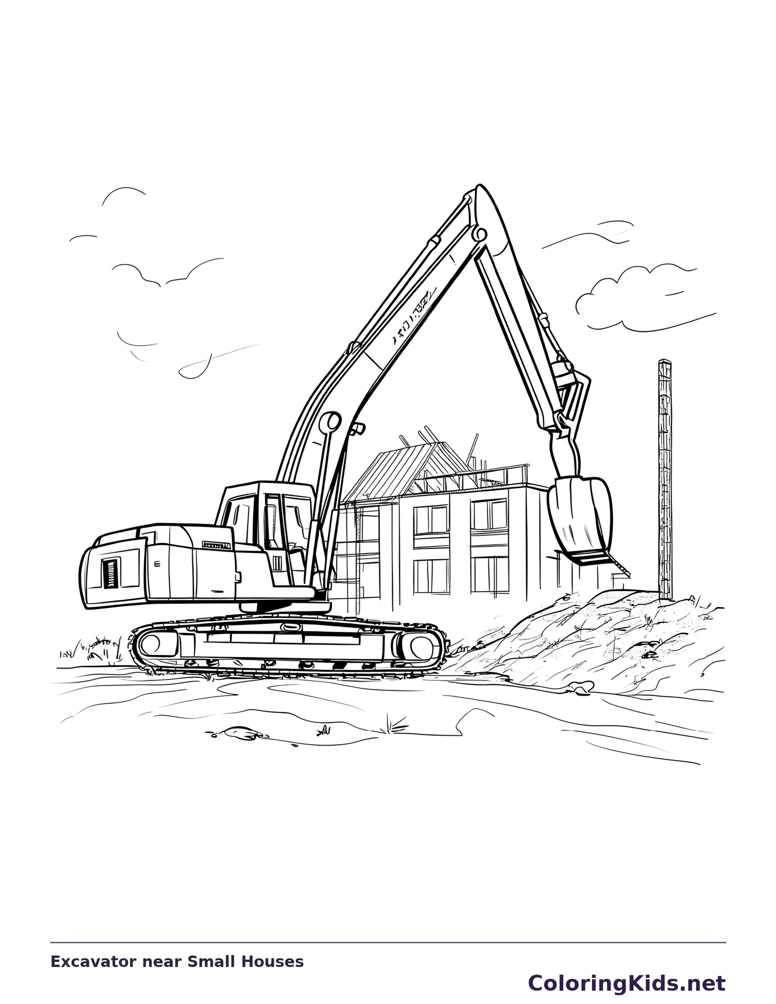 Black and white excavator near small houses coloring page showing a tracked excavator and construction details