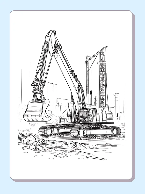Black and white excavator near unfinished walls coloring page showing a tracked excavator and construction details