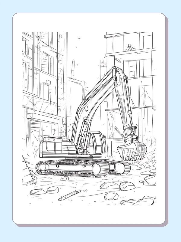 Black and white excavator on a city street coloring page showing a tracked excavator and construction details