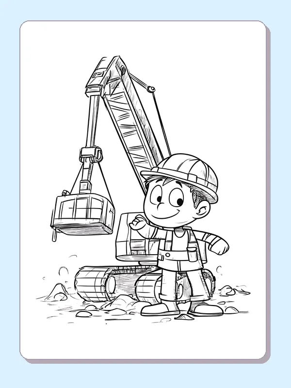 Black and white hard hat worker and bucket coloring page showing a tracked excavator and construction details