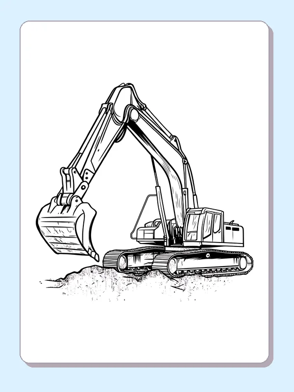 Black and white scoop beside a dirt pile coloring page showing a tracked excavator and construction details