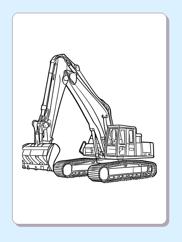Black and white side view tracked digger coloring page showing a tracked excavator and construction details