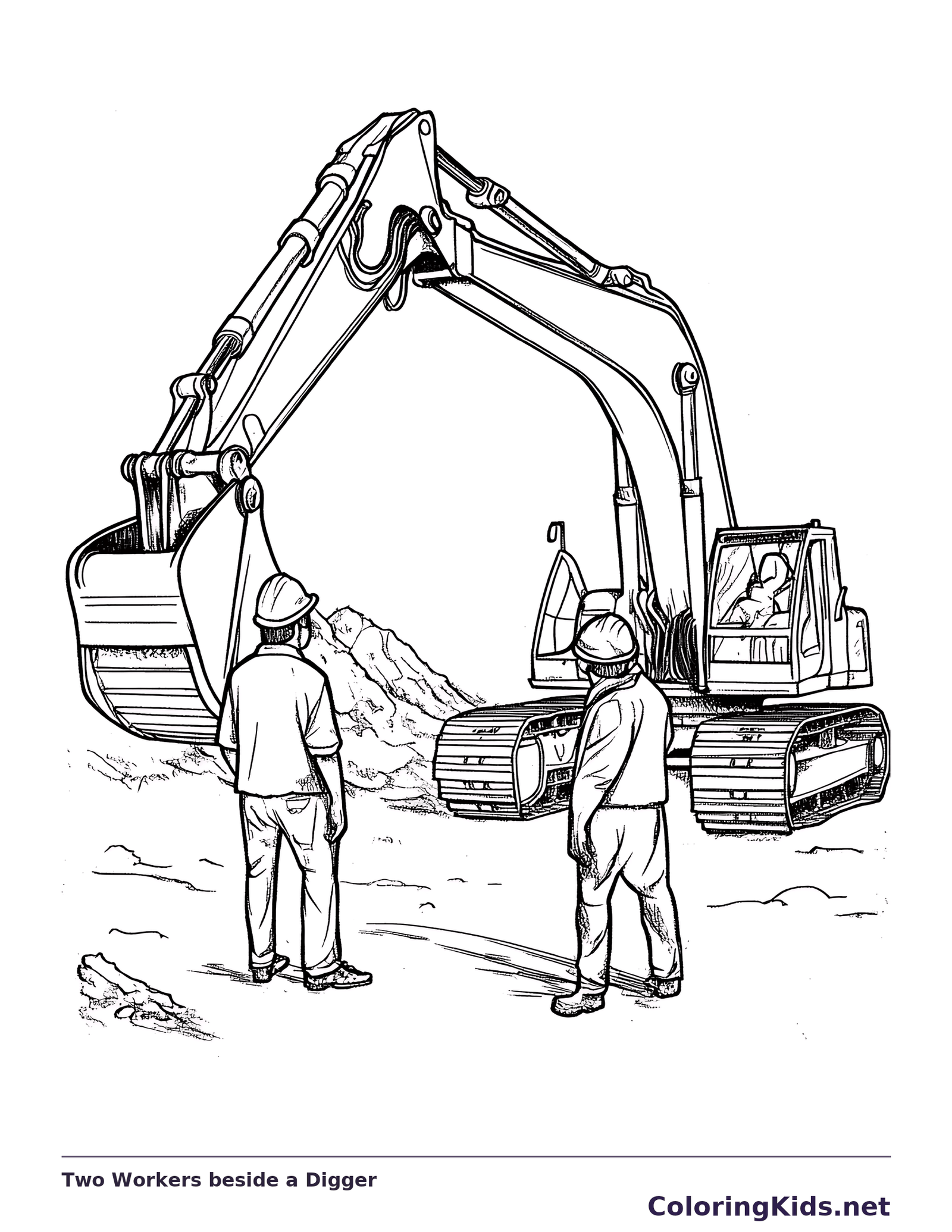 Black and white two workers beside a digger coloring page showing a tracked excavator and construction details