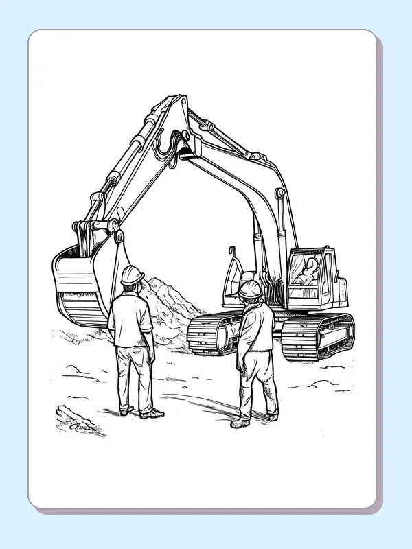 Black and white two workers beside a digger coloring page showing a tracked excavator and construction details