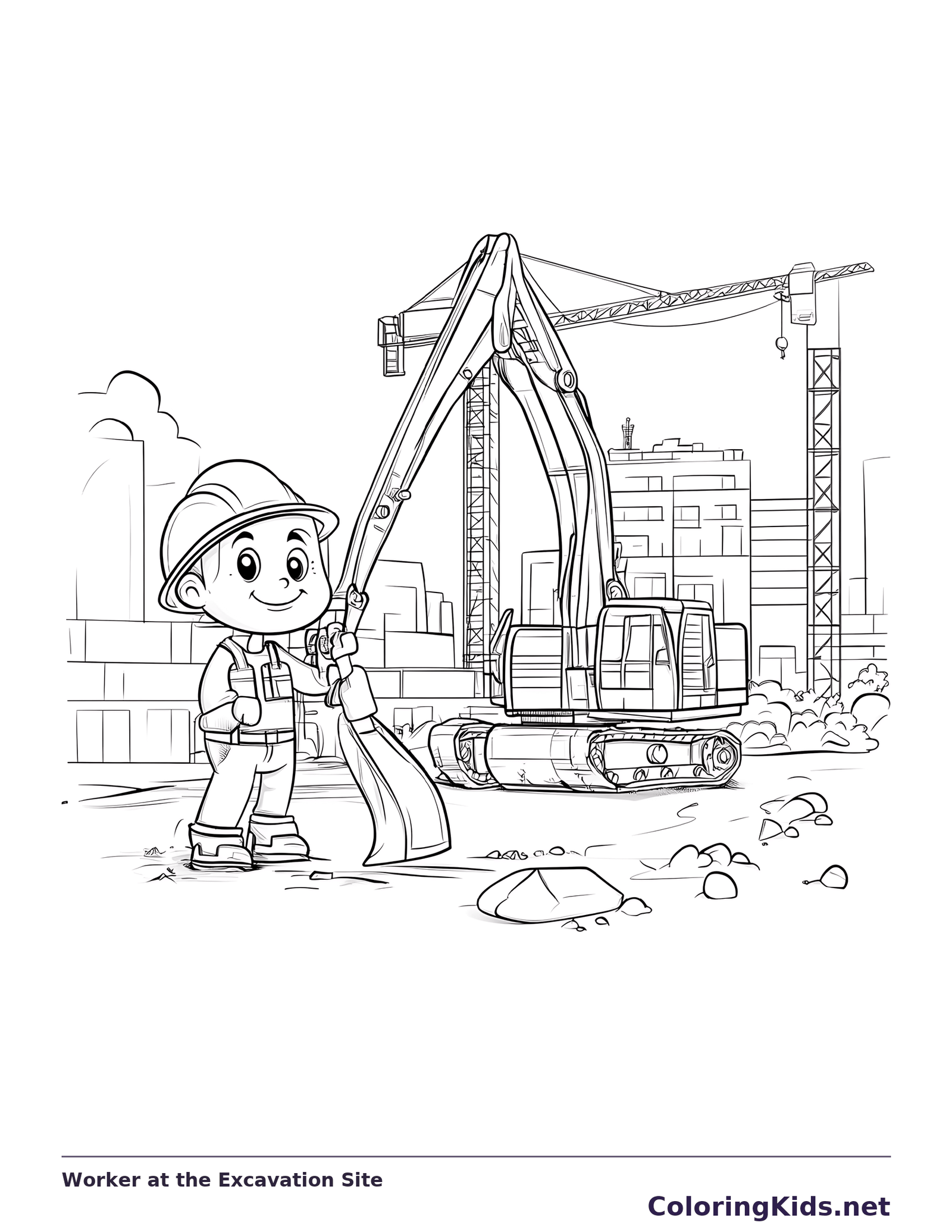 Black and white worker at the excavation site coloring page showing a tracked excavator and construction details