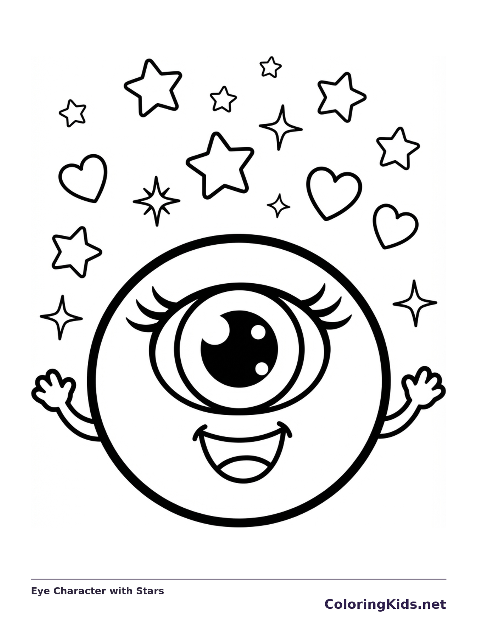 A smiling one-eyed cartoon character waving beneath stars and hearts.