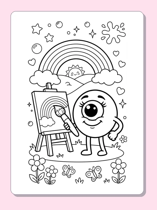 A one-eyed cartoon character painting a rainbow on a canvas among flowers and butterflies.