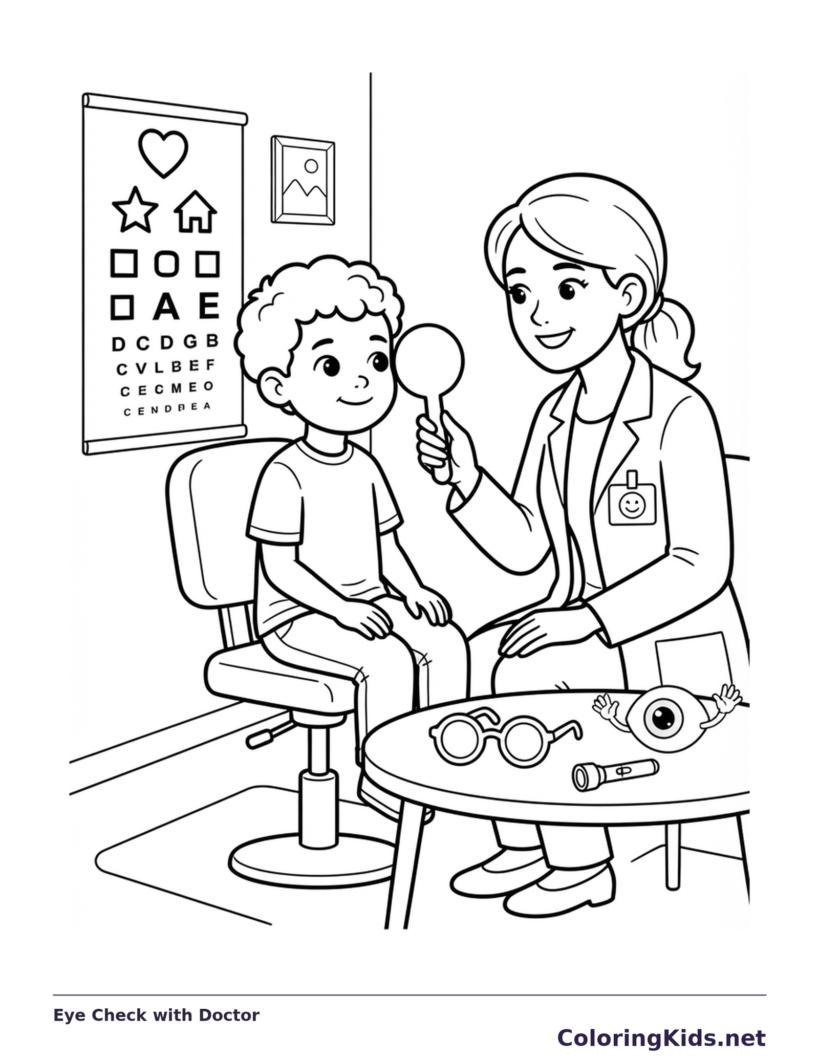 An eye doctor examining a child beside a letter chart and a tray of glasses.