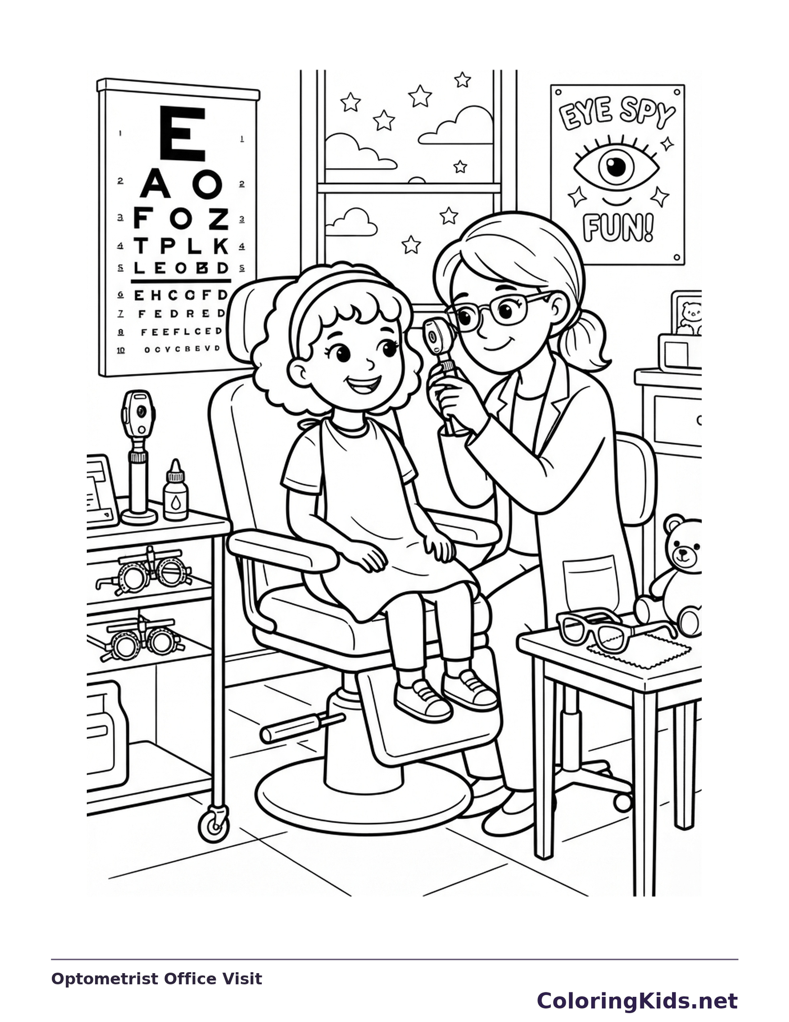 A child seated for an eye exam with an optometrist, eye chart and vision poster.