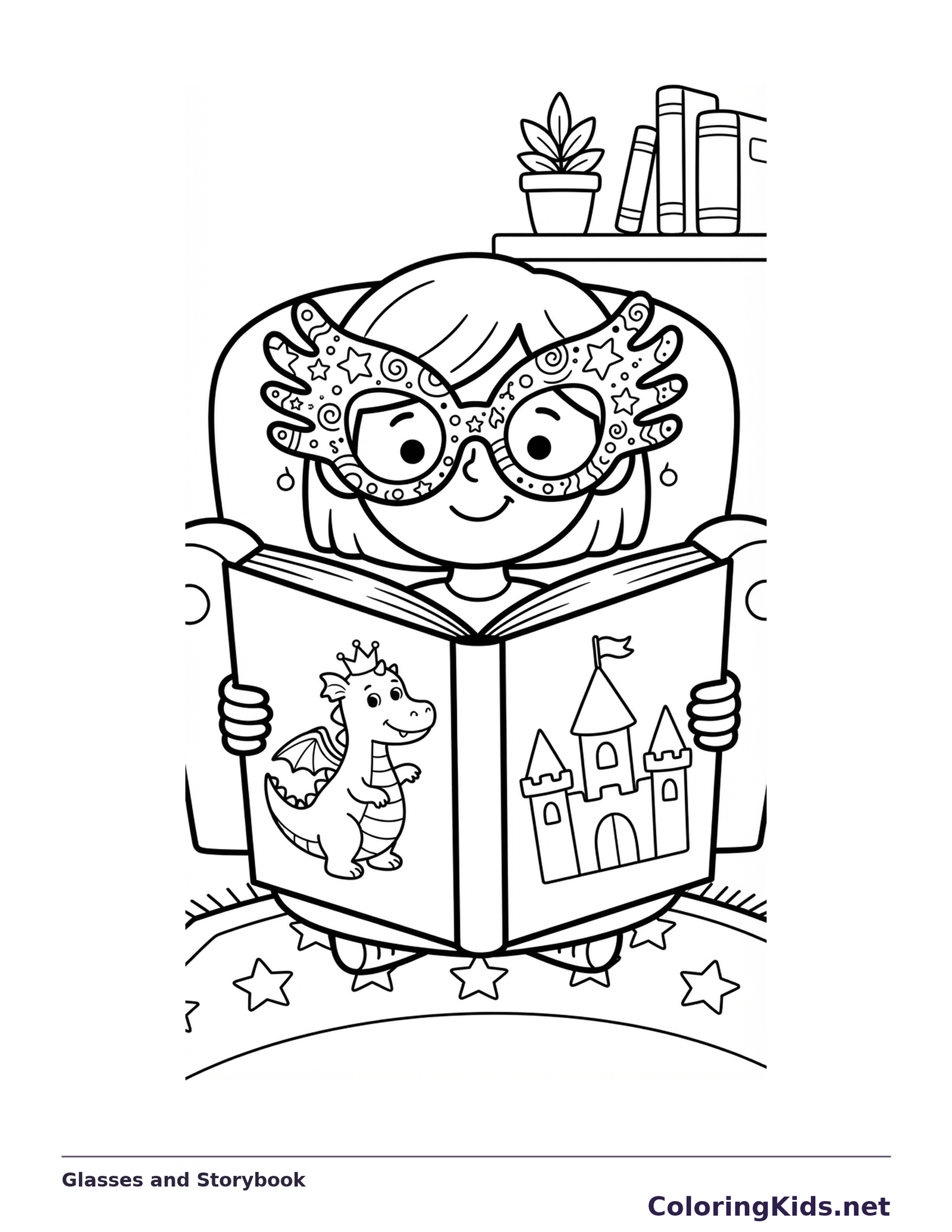 A child in patterned glasses reading an open storybook with a dragon and castle.
