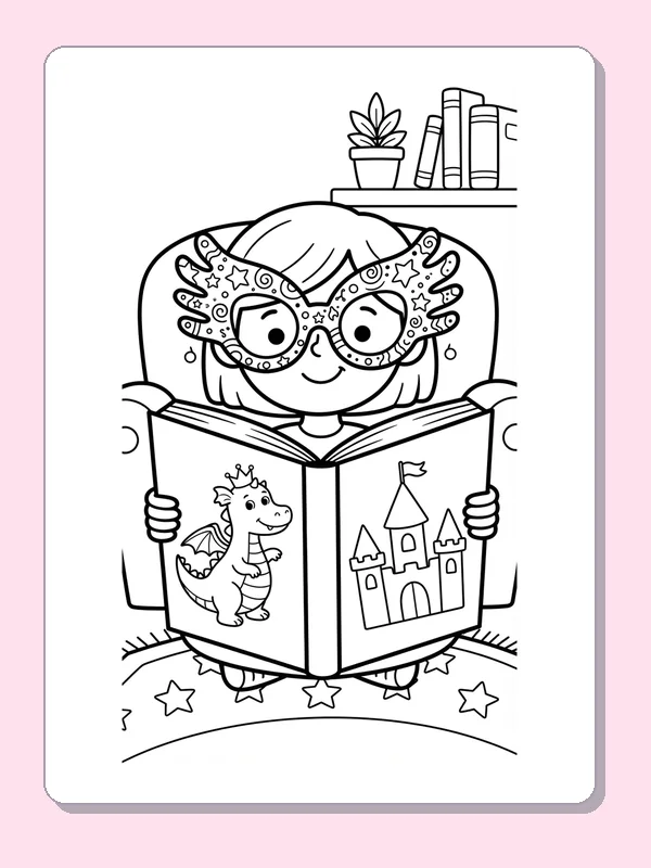 A child in patterned glasses reading an open storybook with a dragon and castle.