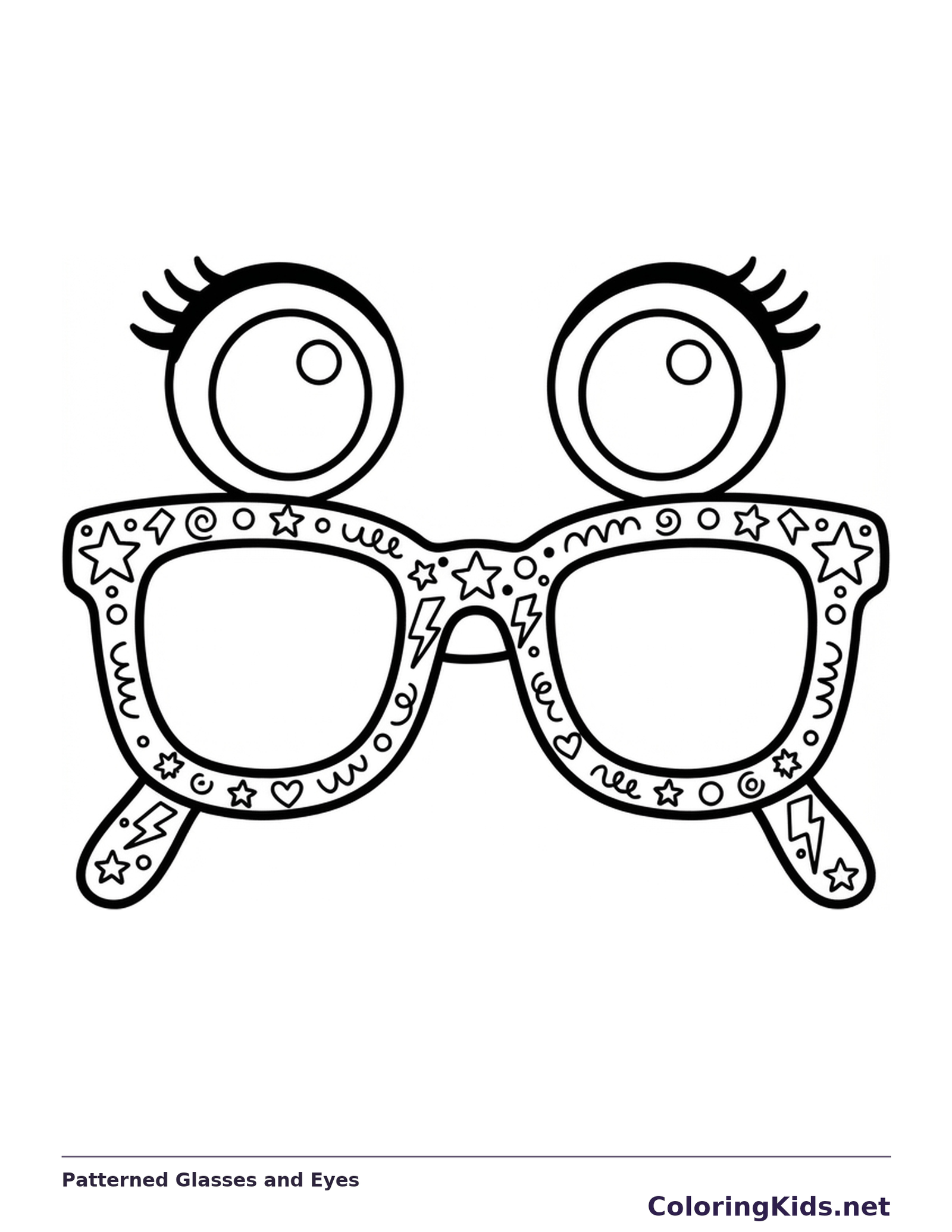 Two illustrated eyes above a pair of patterned glasses.