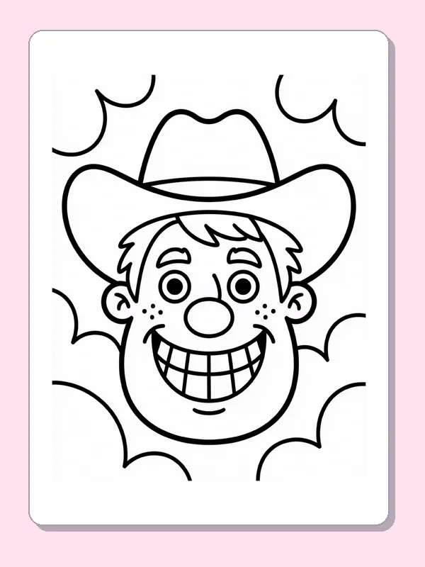 Black and white printable cowboy's big smile coloring sheet