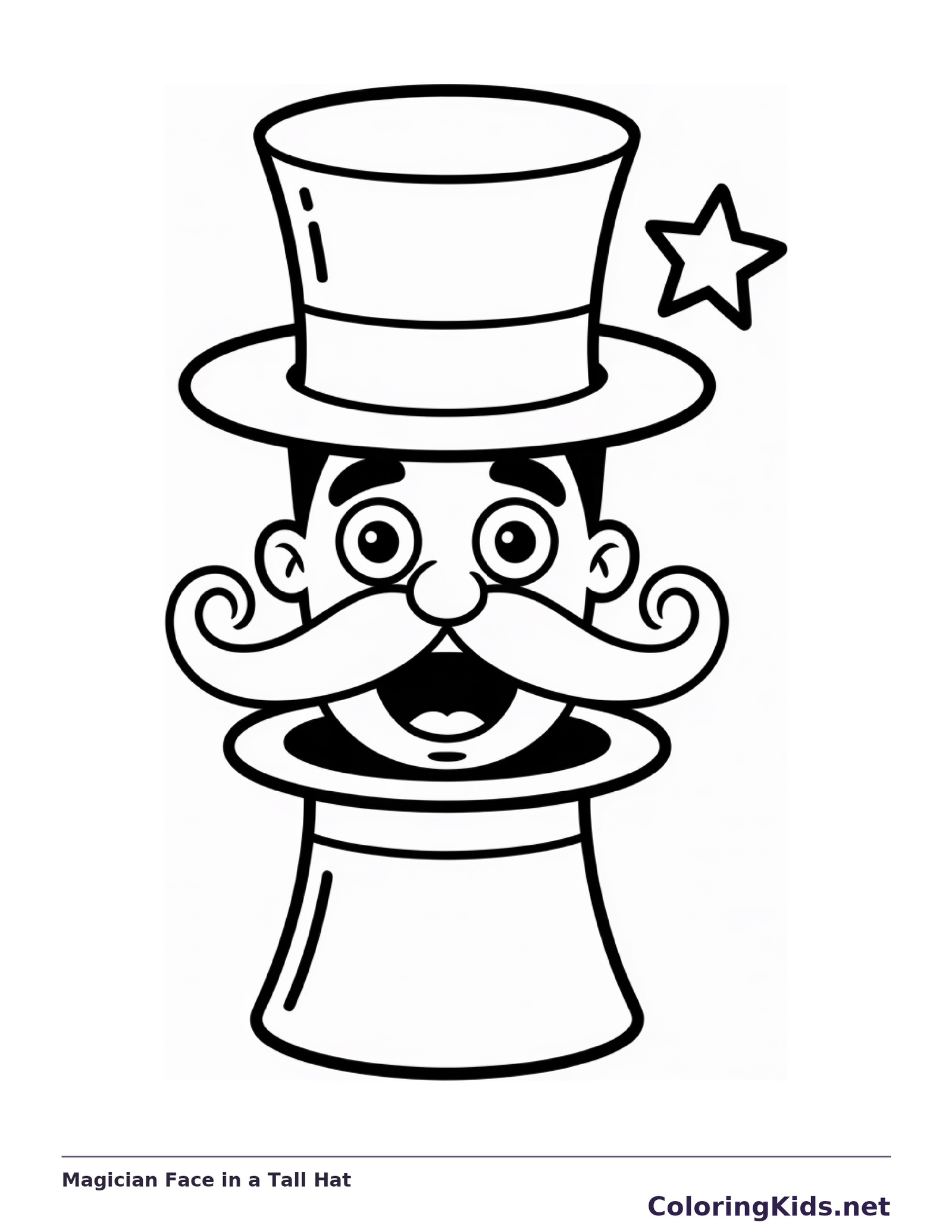 Black and white printable magician face in a tall hat coloring sheet