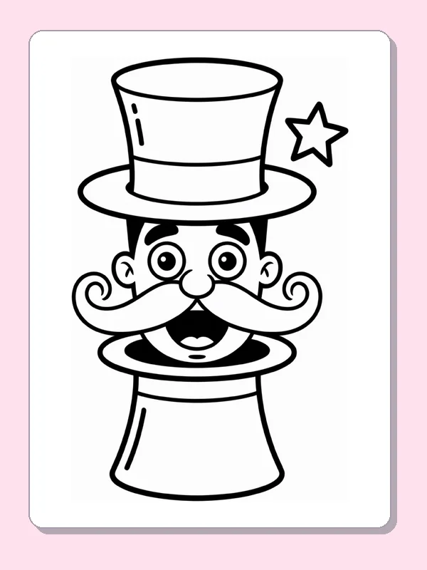 Black and white printable magician face in a tall hat coloring sheet