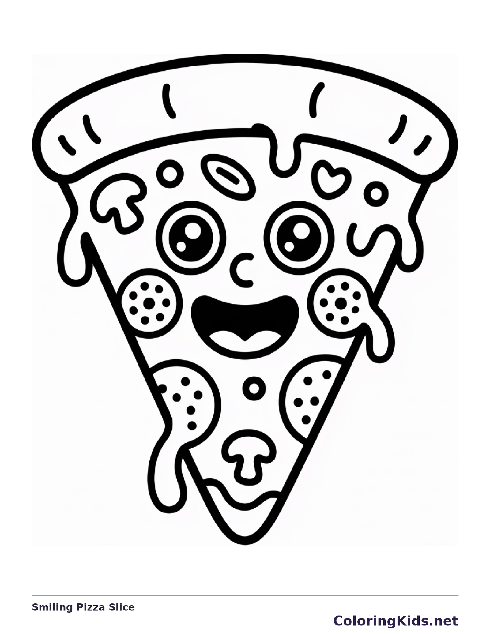 Black and white printable smiling pizza slice coloring sheet