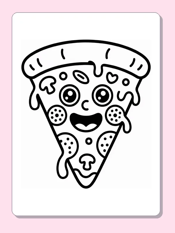 Black and white printable smiling pizza slice coloring sheet