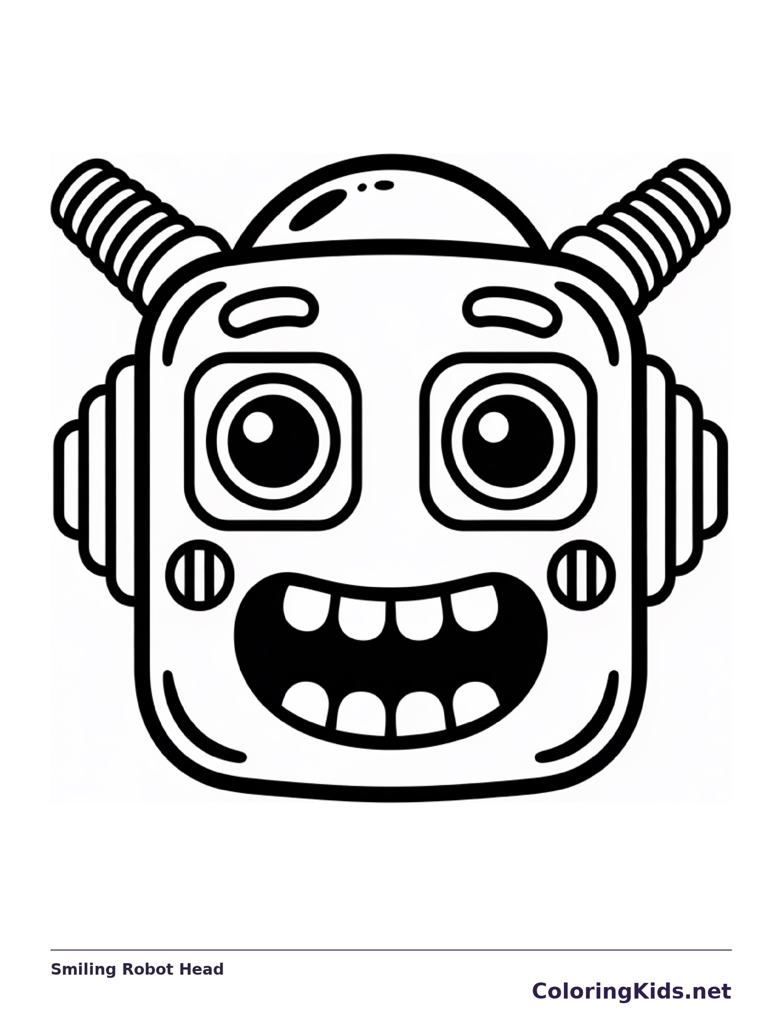 Black and white printable smiling robot head coloring sheet