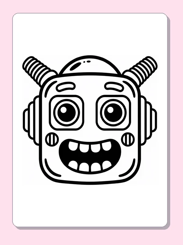 Black and white printable smiling robot head coloring sheet