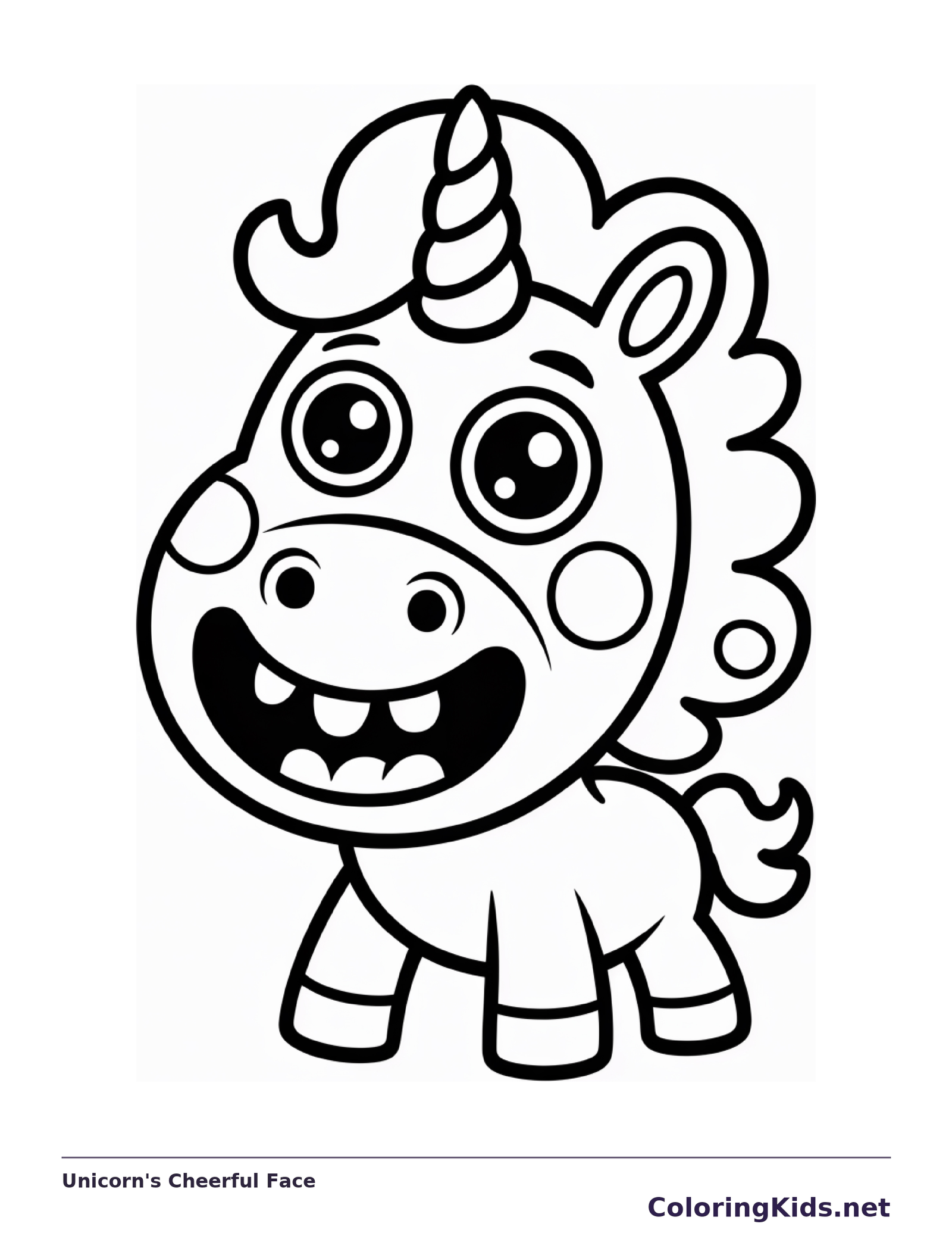 Black and white printable unicorn's cheerful face coloring sheet
