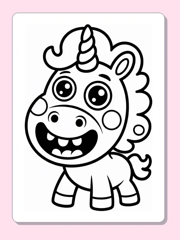 Black and white printable unicorn's cheerful face coloring sheet