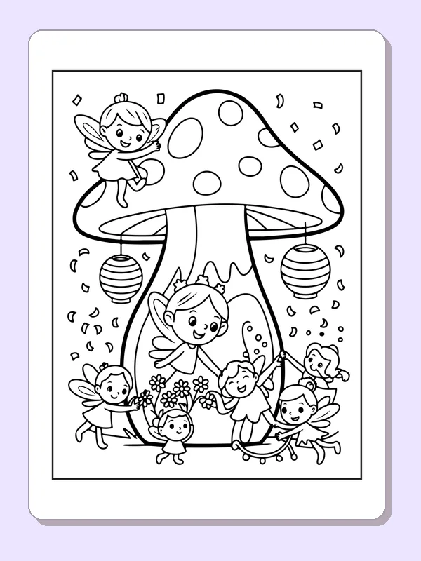 Black and white printable drawing of group of fairies beneath a giant spotted mushroom and lanterns