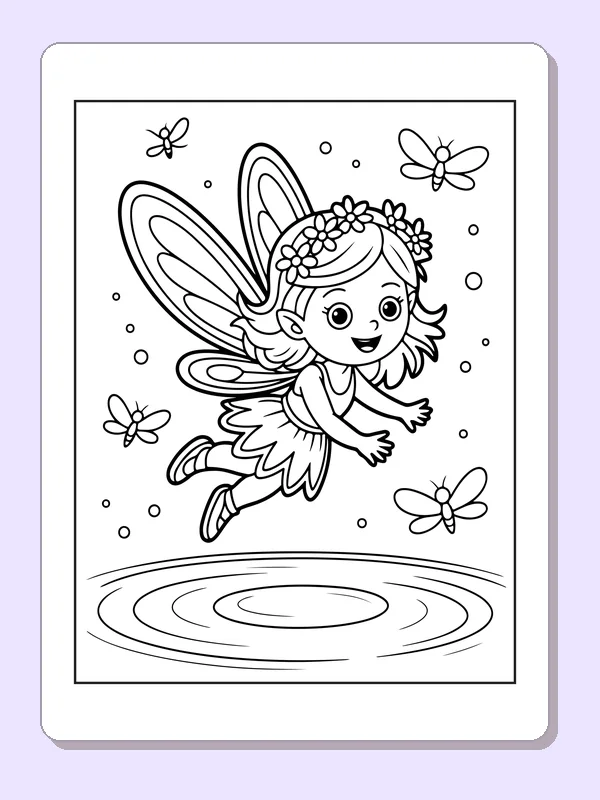 Black and white printable drawing of fairy flying over a round pond with butterflies nearby