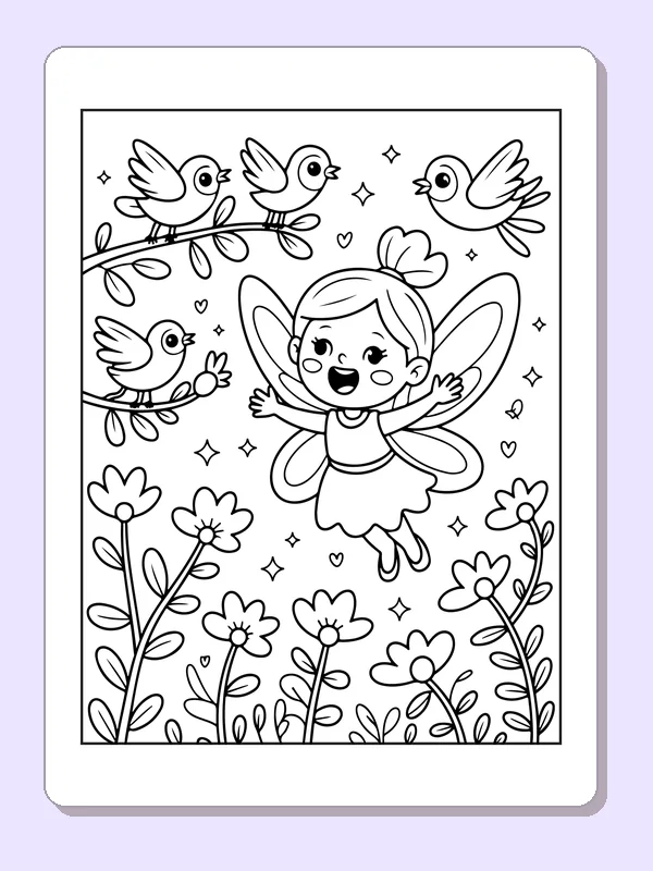 Black and white printable drawing of fairy flying beside singing birds above a flower garden