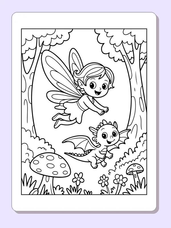 Black and white printable drawing of fairy flying beside a baby dragon between trees and mushrooms