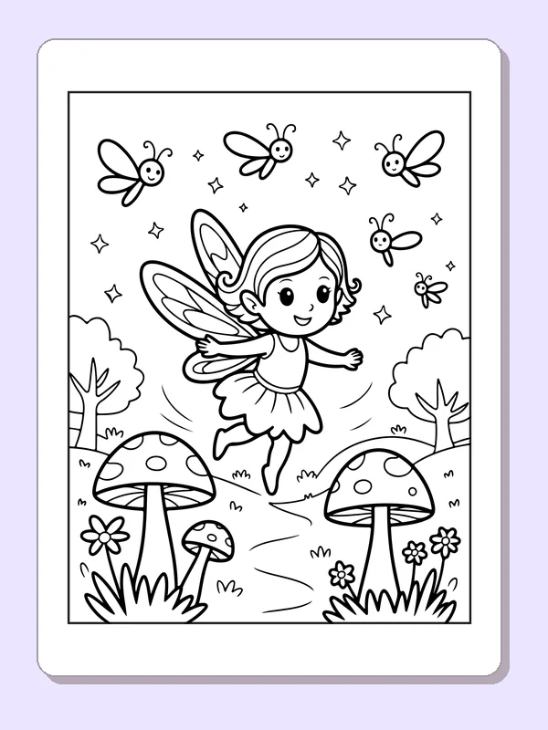 Black and white printable drawing of fairy on a woodland path among spotted mushrooms and butterflies