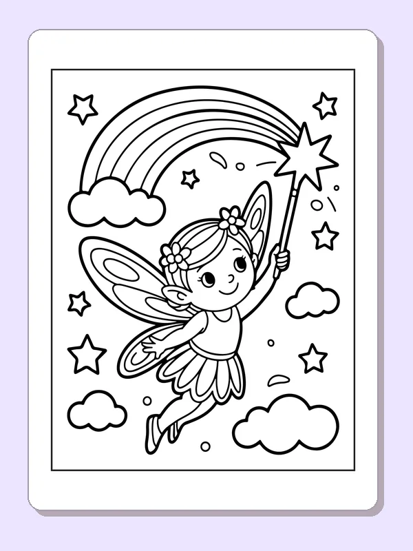 Black and white printable drawing of fairy holding a wand beneath a rainbow and scattered stars