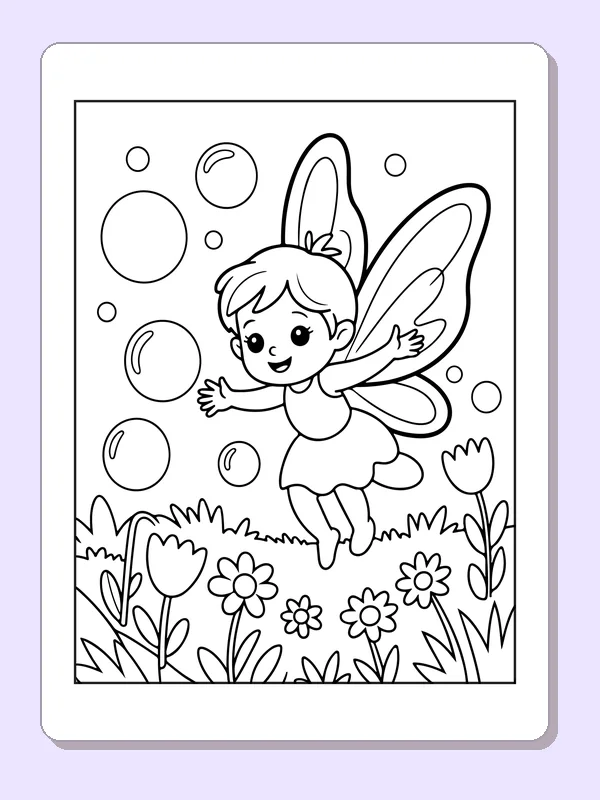 Black and white printable drawing of fairy floating among bubbles over a garden flower bed