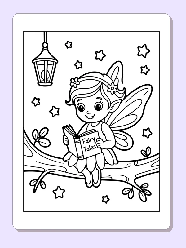 Black and white printable drawing of fairy reading a book on a branch beside a hanging lantern