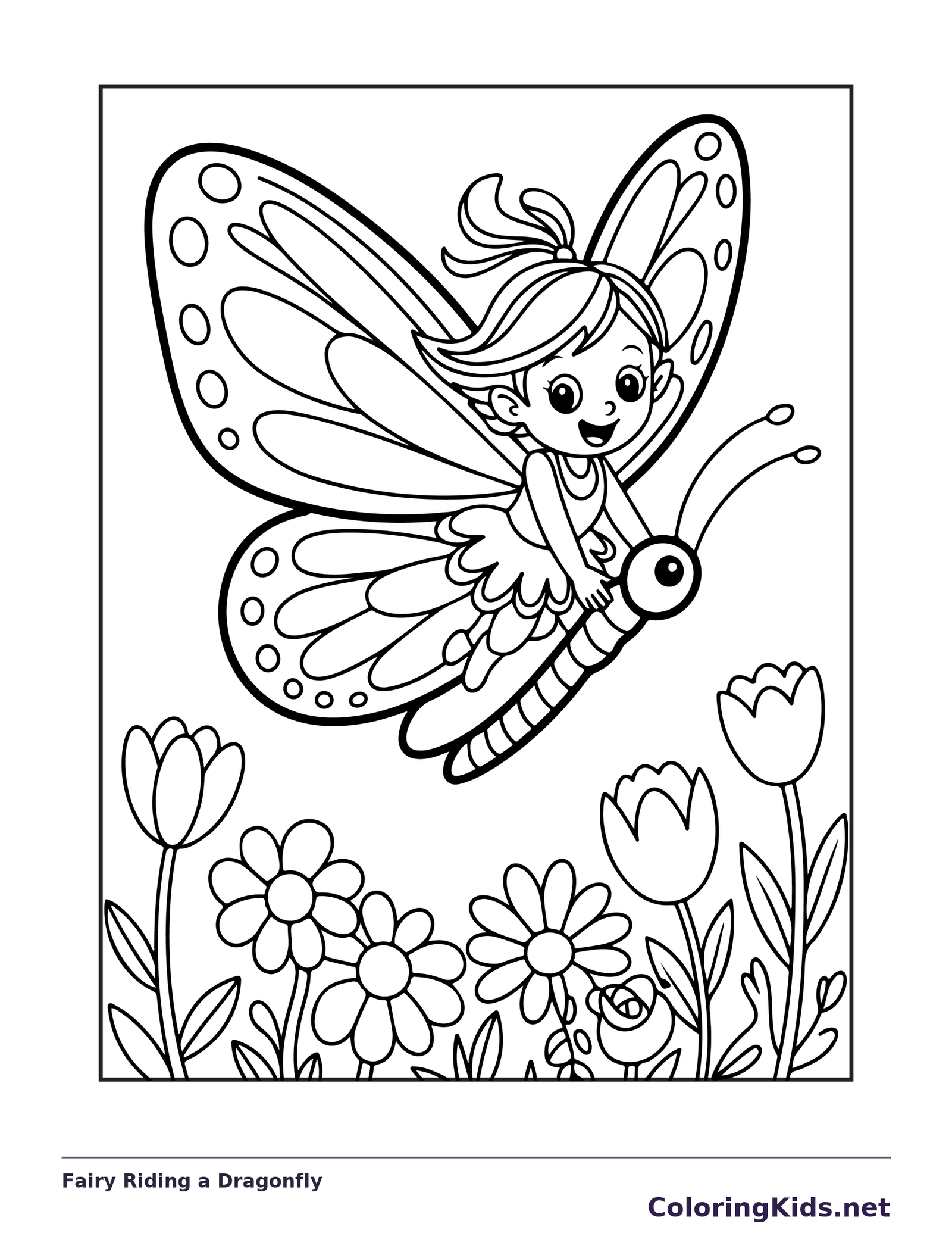 Black and white printable drawing of fairy riding a dragonfly above flowers and a pond