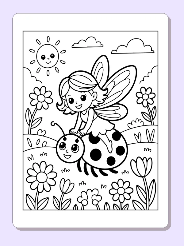 Black and white printable drawing of fairy riding a spotted ladybug through a flower garden